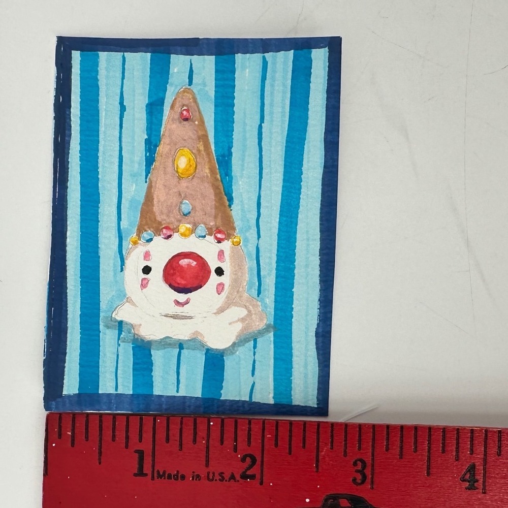 ACEO Miniature SWEET JOY Acrylic Marker Painting Blue Striped Folk Art 2.5x3.5